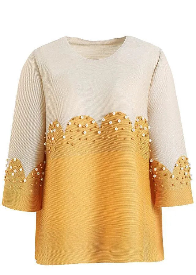 Organic Yellow Patchwork Nail Bead Shirt Top Short Sleeve