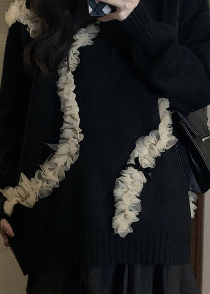 Organic Black O-neck Tulle Patchwork Thick Knit Sweaters Fall