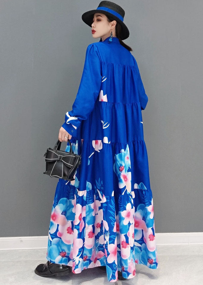Modern Blue Stand Collar Print Exra Large Hem Cotton a Line Dress Long Sleeve