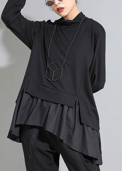 Black Asymmetrical Patchwork Ruffles Fall Top Long Sleeve