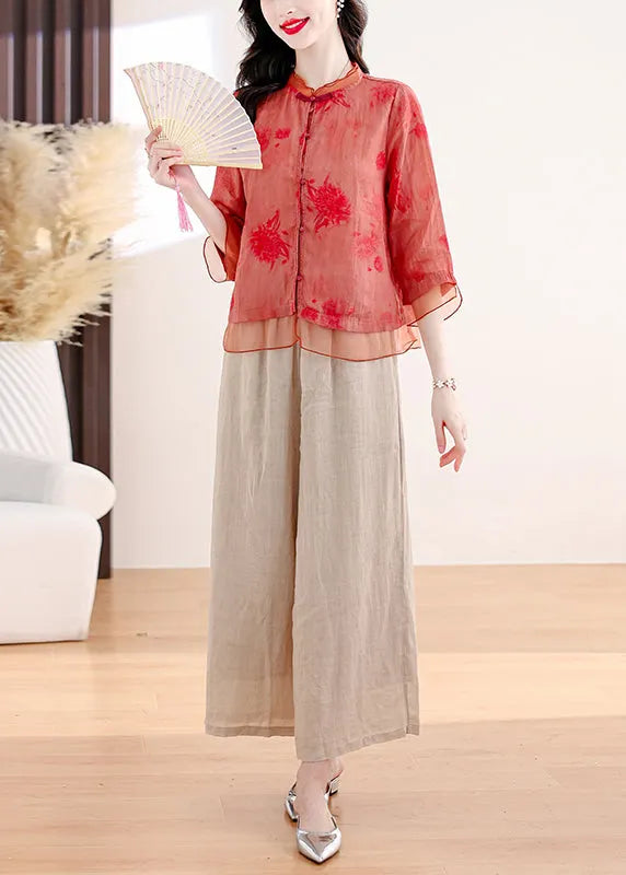 Red Print Tops and Pants Linen Two Pieces Set Summer