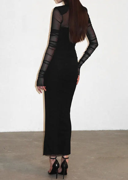 Slim Fit Black Tulle Patchwork Maxi Dresses Spring