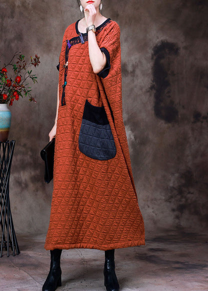 Art Orange O-neck Patchwork Patchwork Button Fine Cotton Filled Dresses Short Sleeve