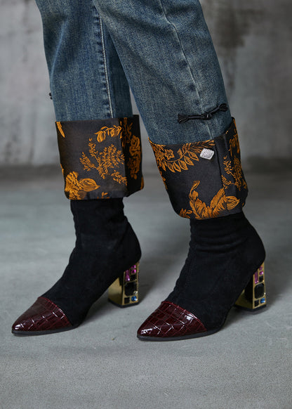 Navy Patchwork Jacquard Denim Straight Pants Spring
