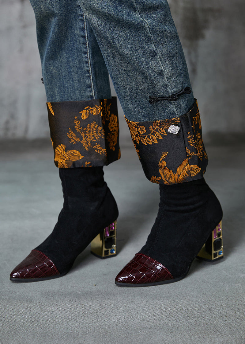 Navy Patchwork Jacquard Denim Straight Pants Spring