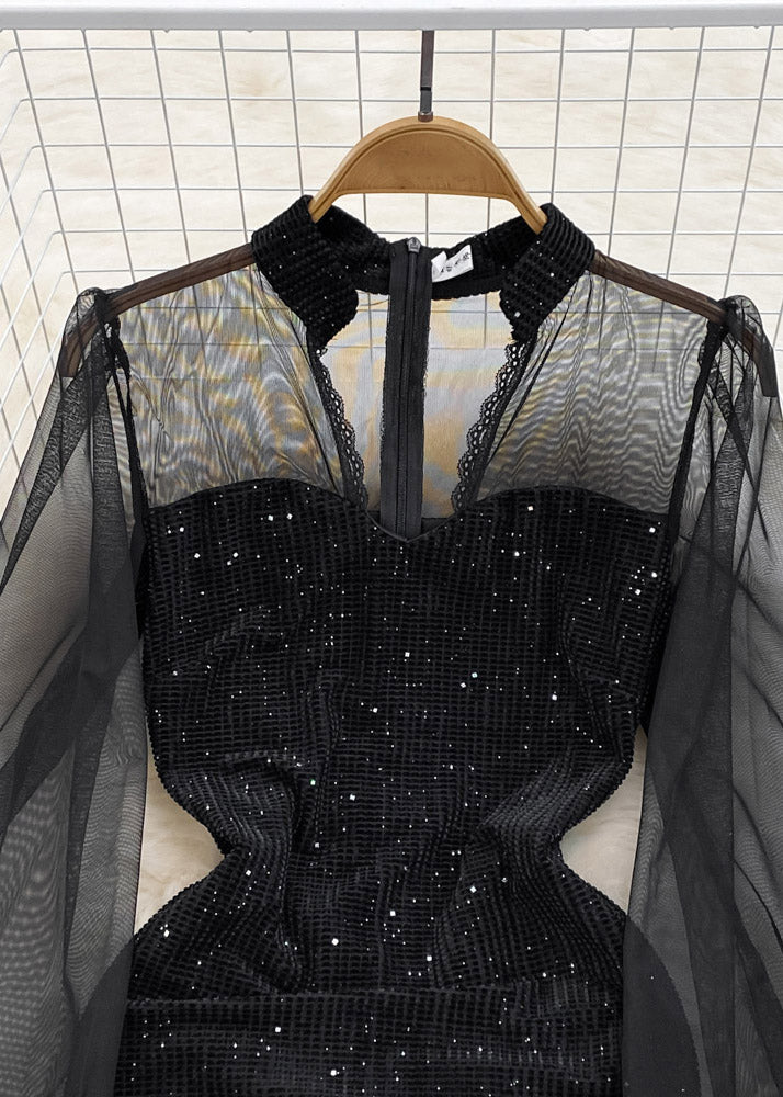 Black V Neck Sequins Patchwork Tulle Tunic Mid Dress Lantern Sleeve