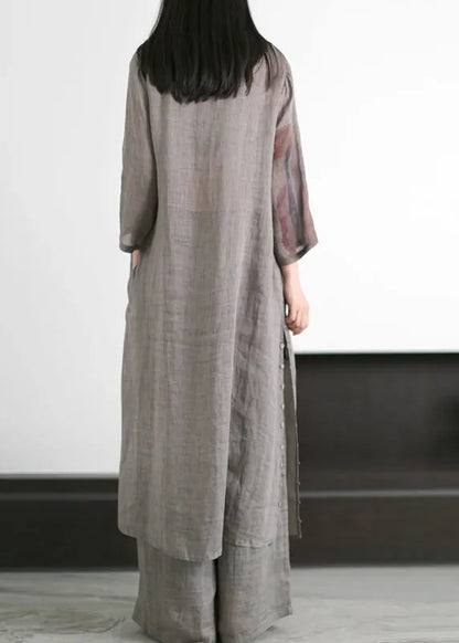 Grey V Neck Print Side Open Linen Dress and Wide Leg Pant Two Pieces Set Summer