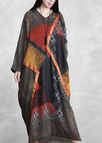 V Neck Patchwork Spring Long Neckline Red Print Robe Dress