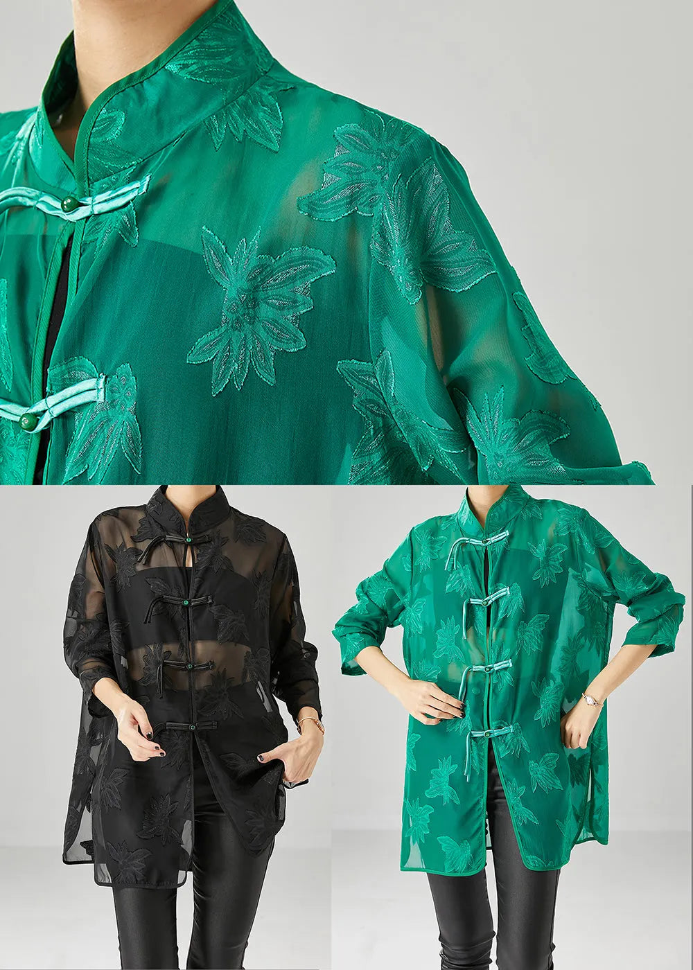 Green Chiffon Upf 50+ Shirts Oversized Chinese Button Fall