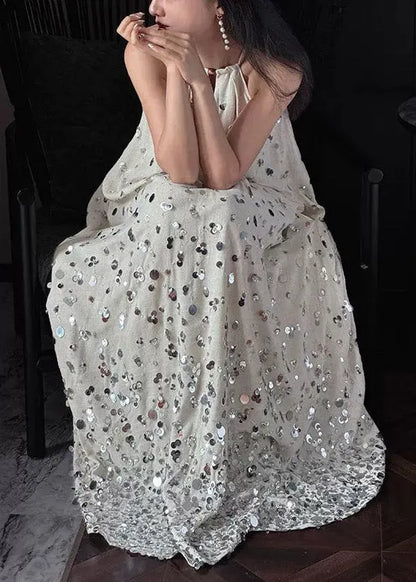 French Halter Sequins Line Maxi Spaghetti Strap Dress Sleeveless