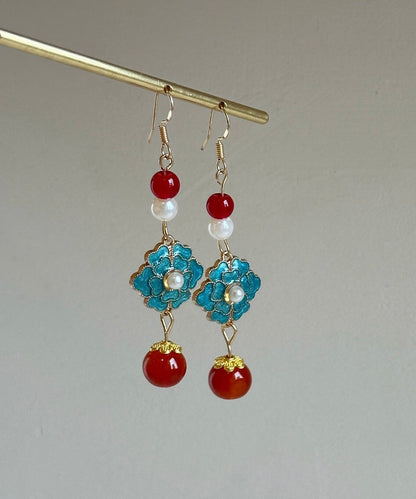 Chinese Style Rainbow Sterling Silver Overgild Enamel Pearl Drop Earrings