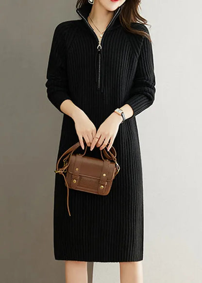 Black Zippered Patchwork Woolen Knit Dress Fall