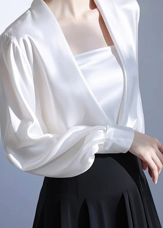 Classy White V Neck Satin Shirt Spring