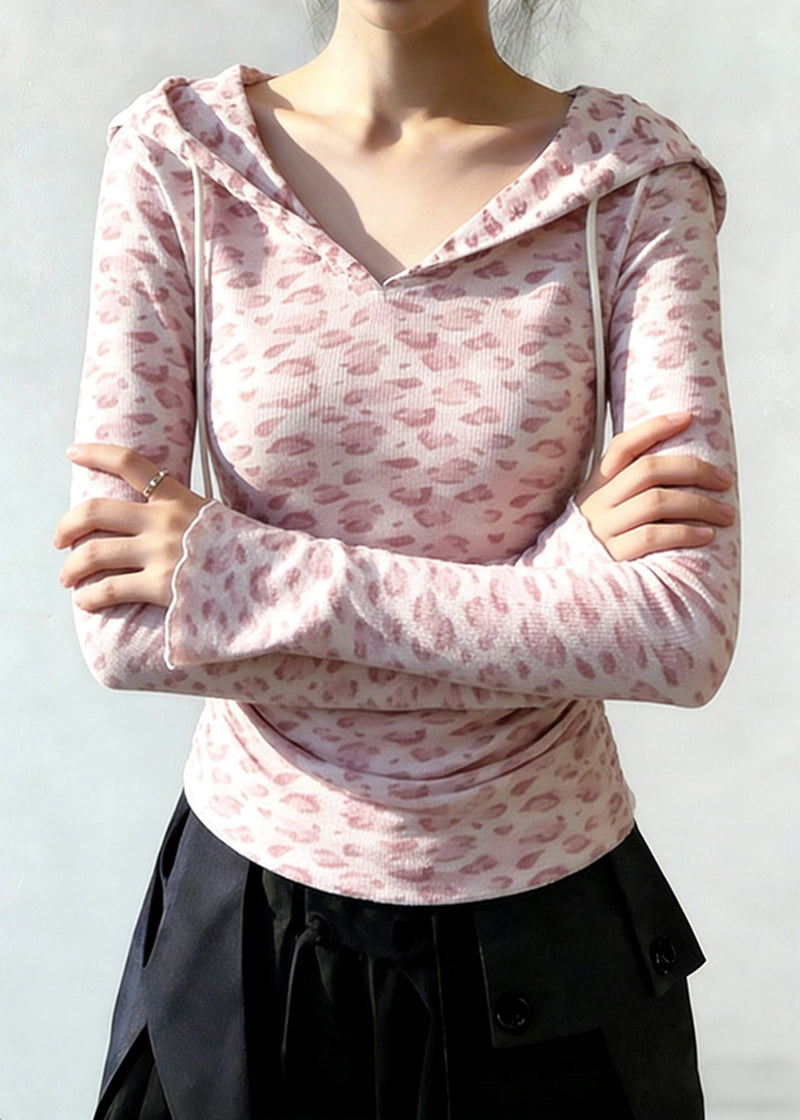 Pink Hooded Leopard Print Cotton Sweatshirt Tops Spring