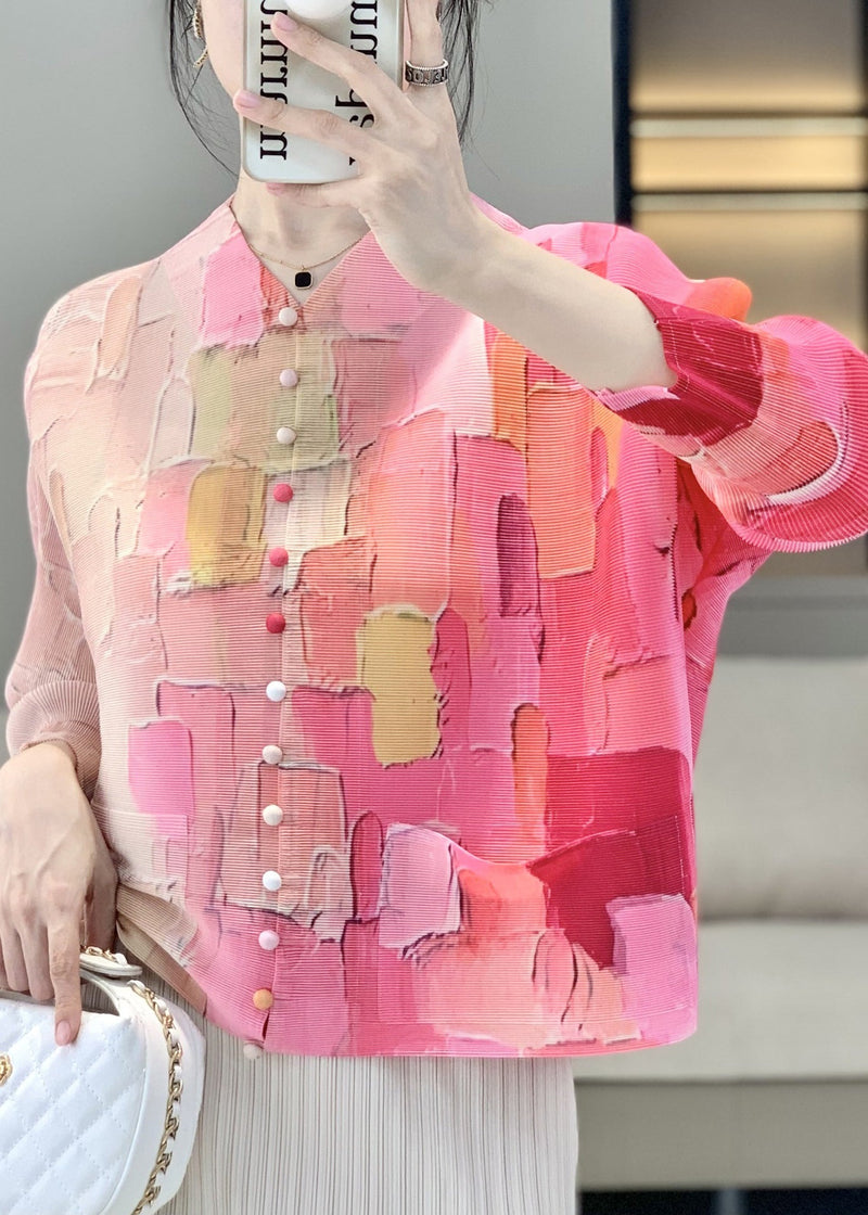 Pink Wrinkled Button Pockets Blouses Fall