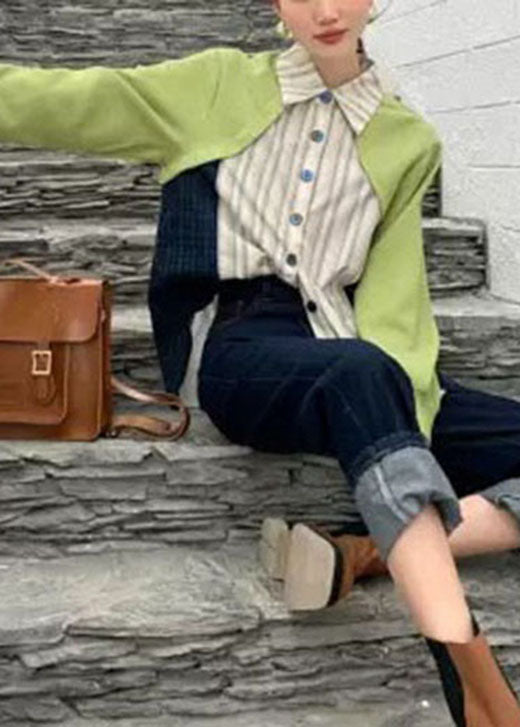 Handmade Green Patchwork Striped Button Fall Long Sleeve Top