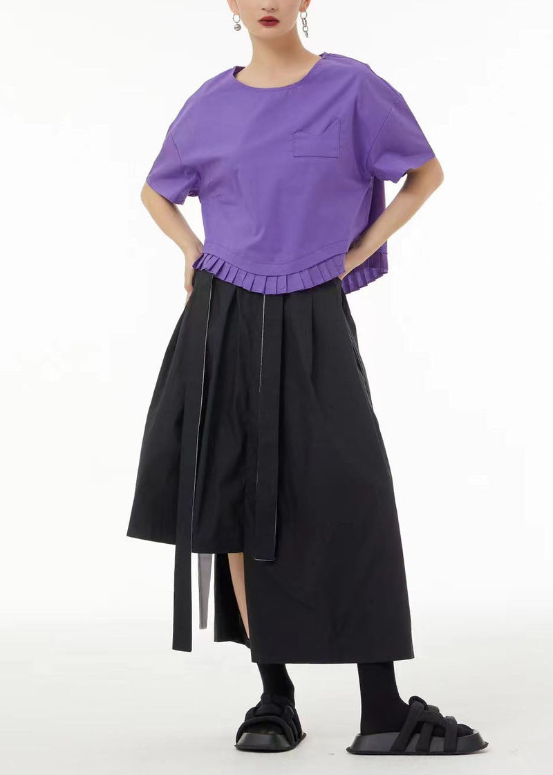 Unique Purple O-neck Patchwork Wrinkled Cotton Shirt Summer