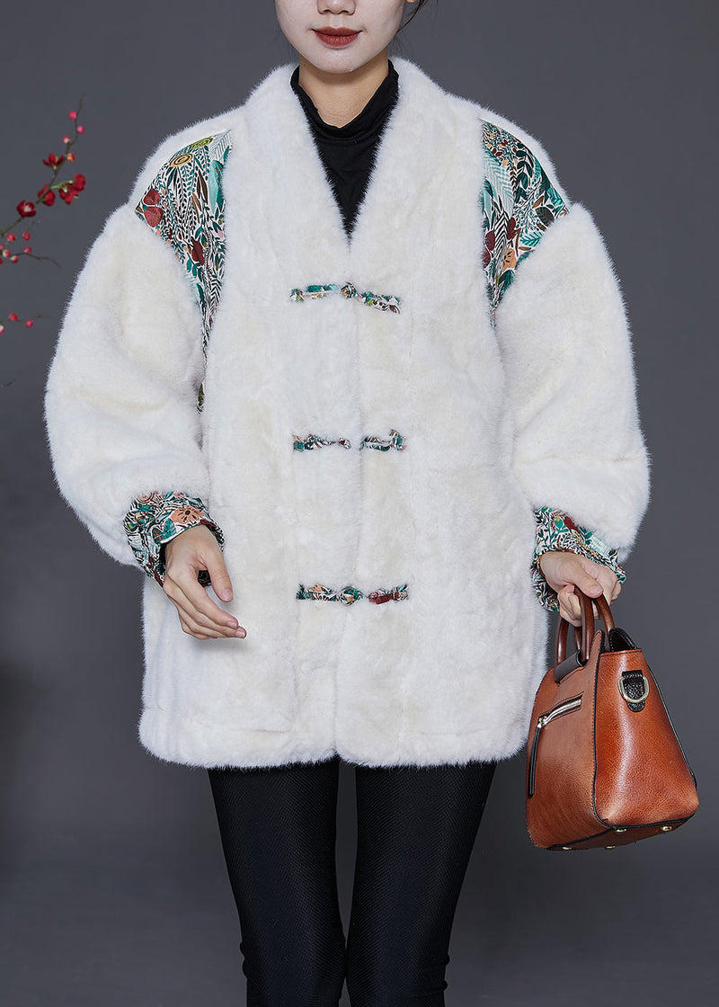 White Oversized Patchwork Chinese Button Faux Fur Jacket Winter