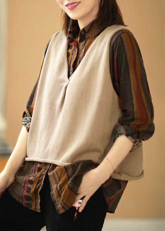 Beige Loose V Neck Fall Sleeveless Waistcoat