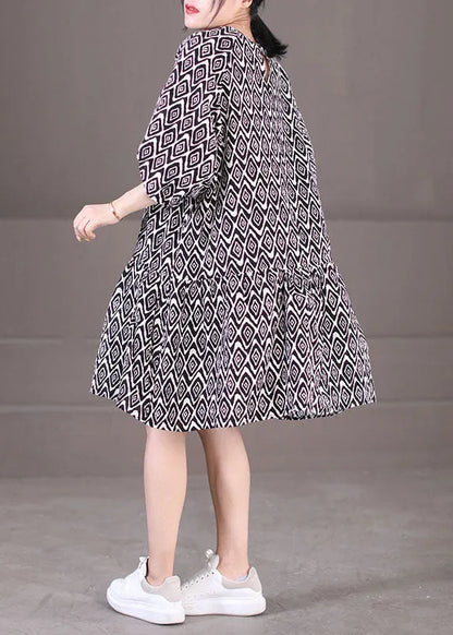 Black Puff Sleeve Plaid Print Patchwork Cotton a Line Dress Summer