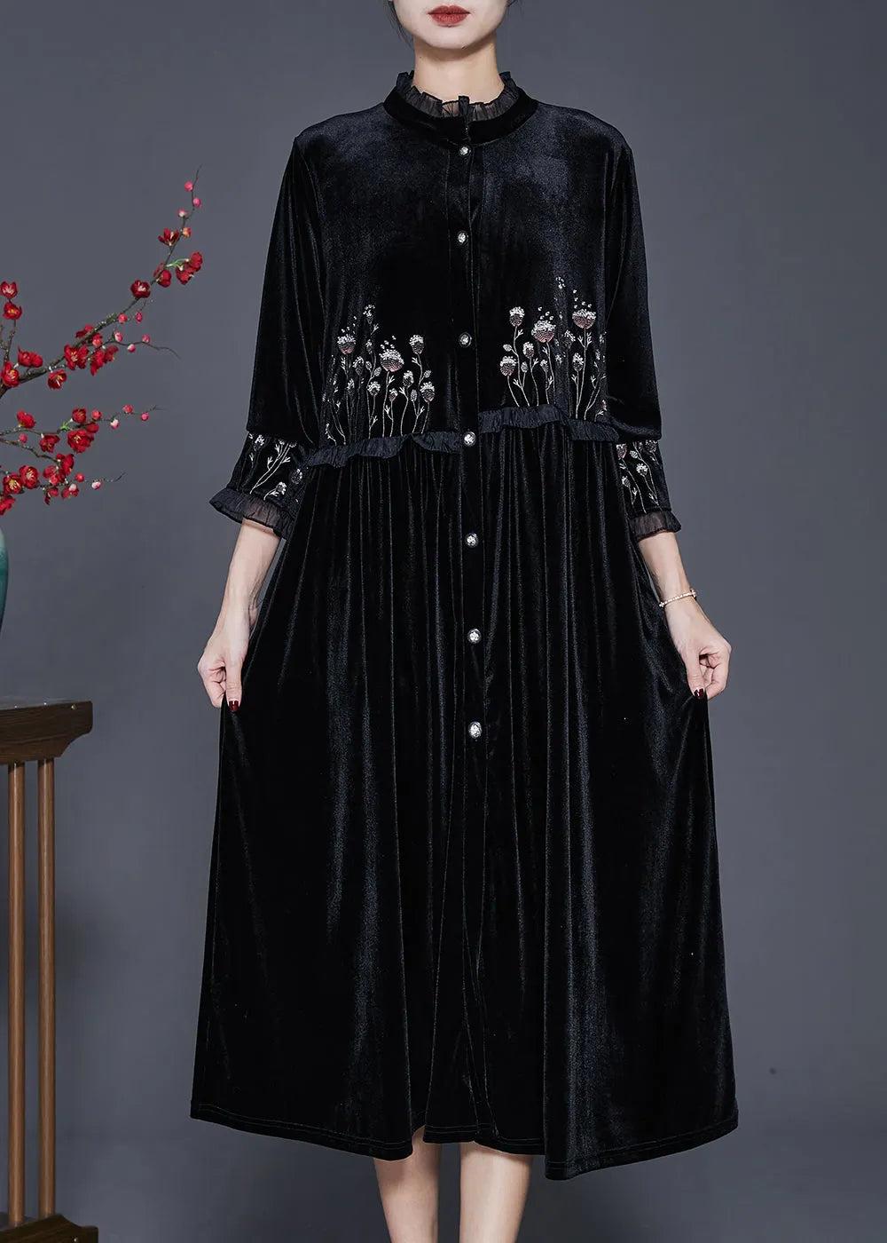 Black Embroidered Patchwork Ruffled Silk Velour Dress Bracelet Sleeve