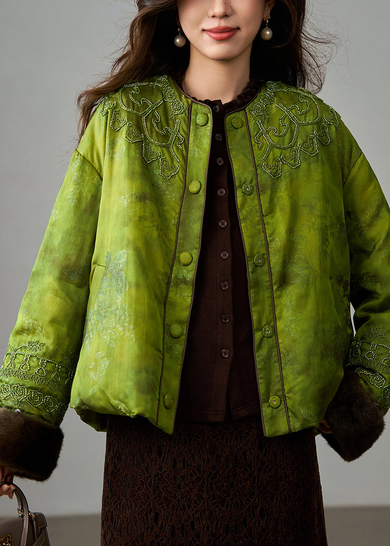 Stylish Green Embroidered Patchwork Mink Hair Duck Down Coats Winter