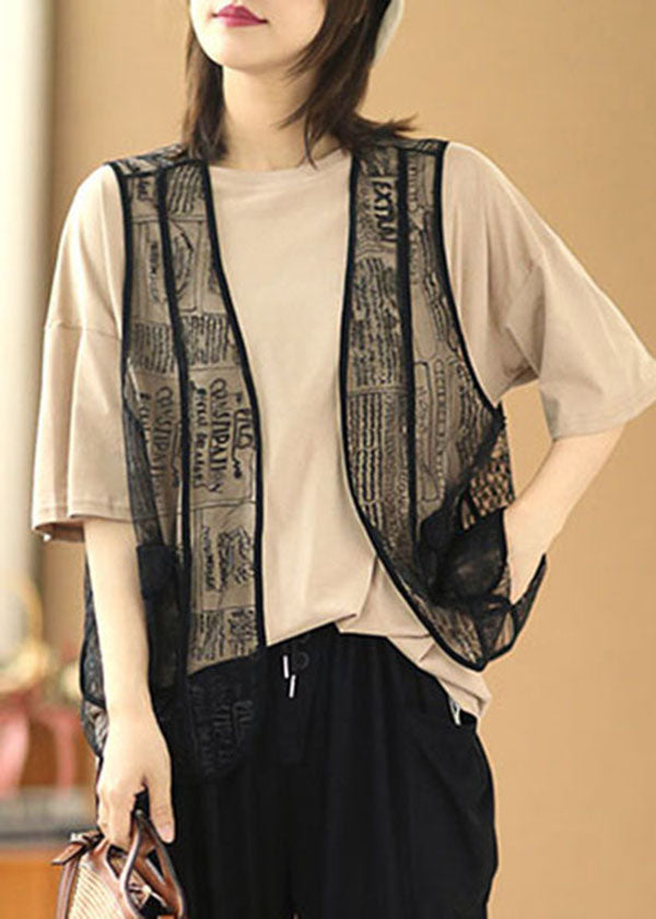 Khaki O-neck Color Cotton Tanks and Black Embroideried Tulle Vest Two Pieces Set Summer