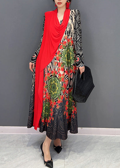 Red V Neck Print Patchwork Cotton Long Dresses Fall