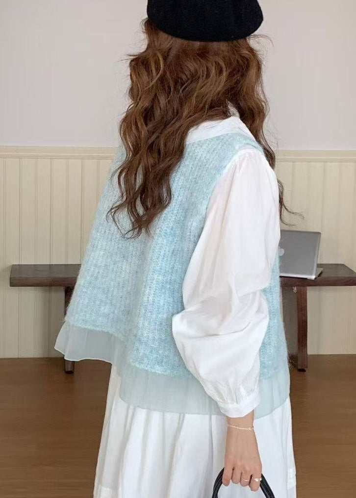 Fitted Blue Patchwork Tulle Knit Vests Spring