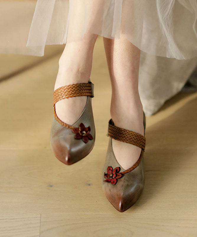 Fine Splicing Buckle Strap Chunky High Heels Grey Cowhide Leather