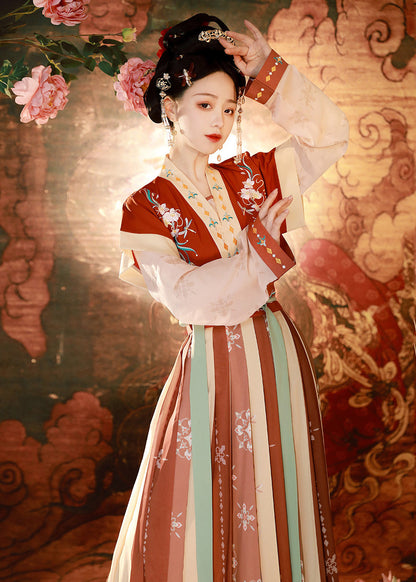 Red Embroideried Tops and Pleated Skirt Patchwork Two Pieces Set Fall