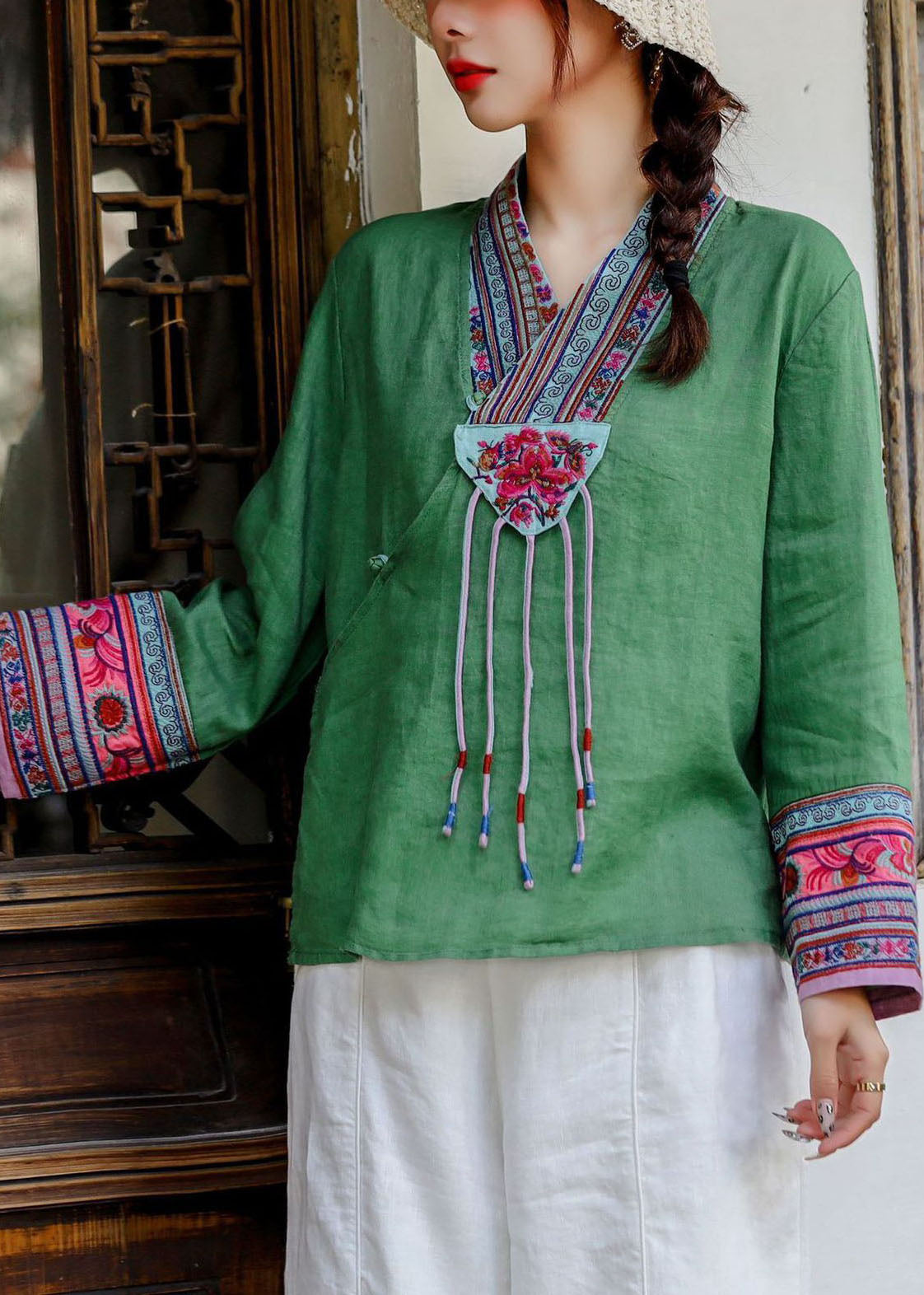 Style Red V Neck Embroideried Patchwork Linen Shirt Tops Spring