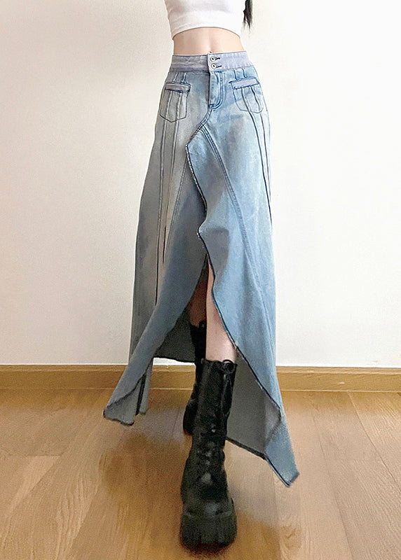 Modern Denim Blue Asymmetrical Ruffled Patchwork High Waist a Line Skirt Spring