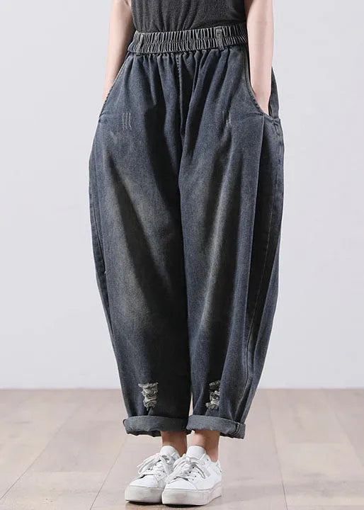Denim Blue Elastic Waist Pockets Cotton Harem Pants Fall