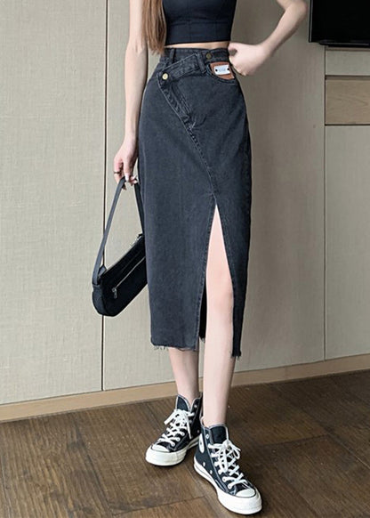 Black High Waist Pockets Button Denim a Line Skirt Spring