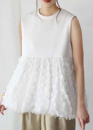 White Tasseled Patchwork Cotton Tops Sleeveless