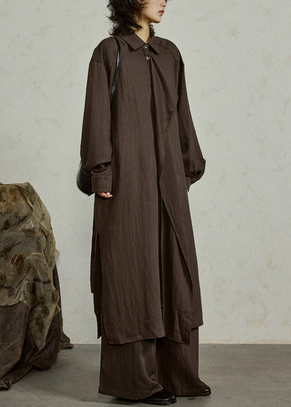 Coffee Button Side Open Cotton Long Shirt Coats Ruffled