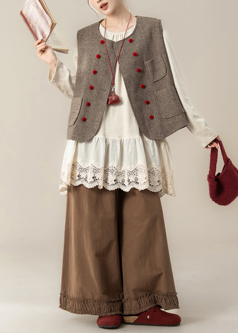 Coffee Pockets Woolen Waistcoat and Ruffled Pants Hollow Out T Shirt Cotton Three Pieces Set Fall