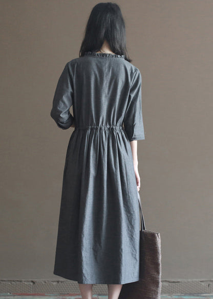 Grey Wrinkled Drawstring Ruffled Linen Dresses Bracelet Sleeve