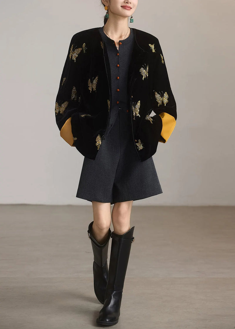 Chinese Style Black Embroidered Butterfly Silk Velvet Coat Spring