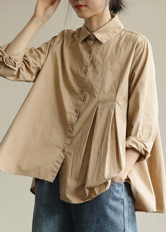 Organic Khaki Tunic Lapel Asymmetric Short Shirt Spring