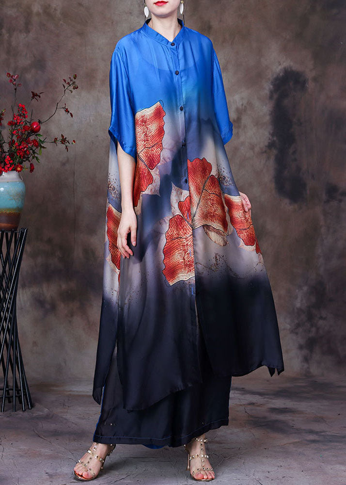 Blue Print Silk Long Shirt and Straight Pant Two Pieces Set Stand Collar Side Open Summer