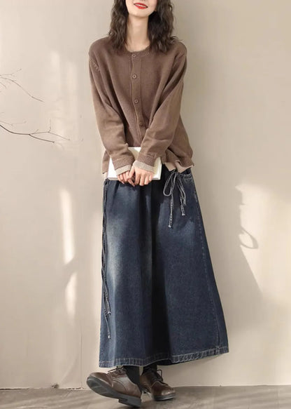 Blue Elastic Waist Lace Up Denim Skirt Spring