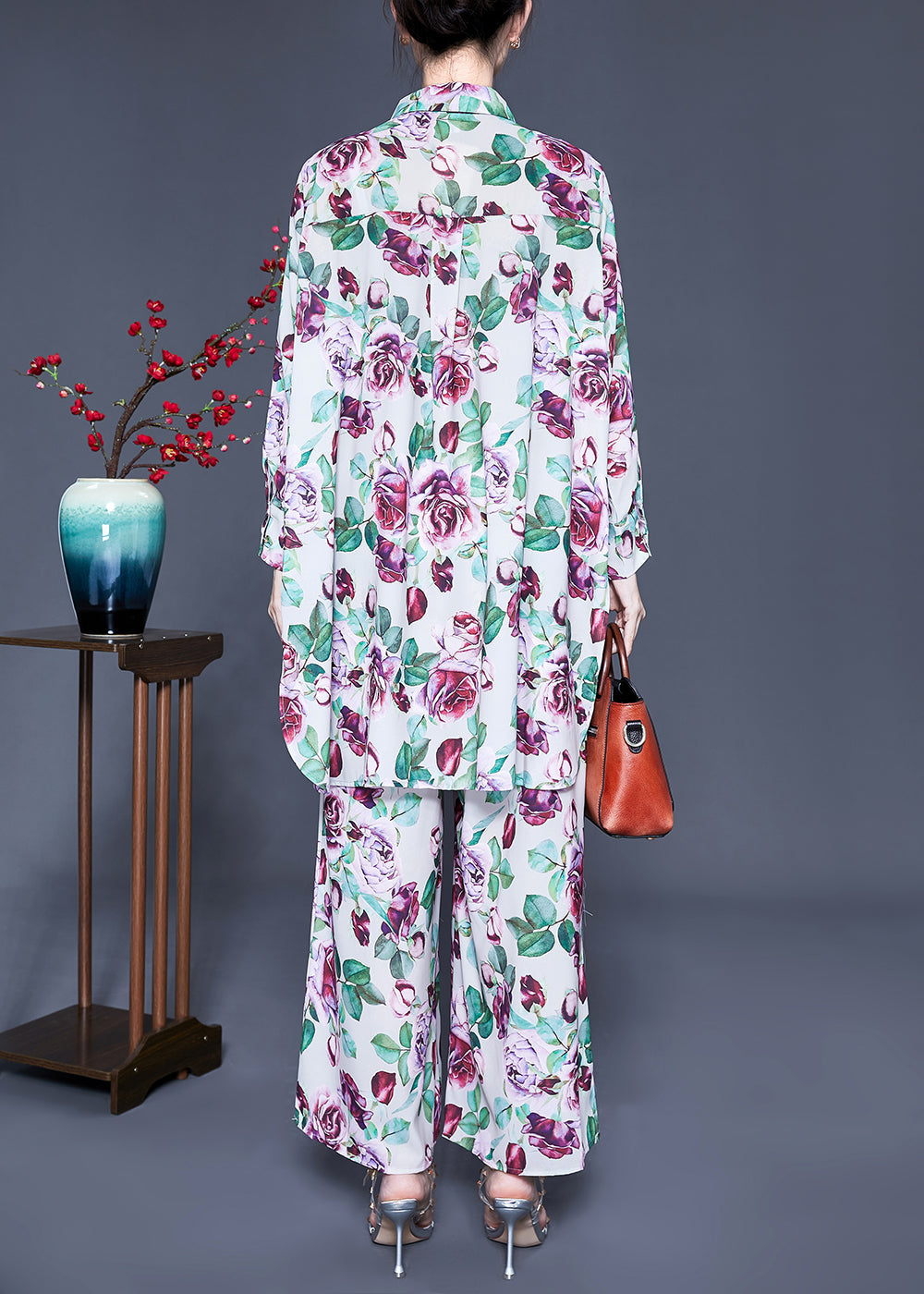 Purple Print Side Open Silk Tops and Pants Two Pieces Set Spring