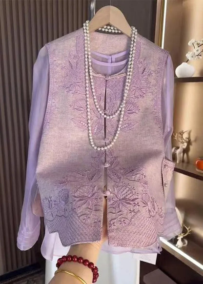 Chinese Style Purple Embroidered Waistcoat and Tops Two-piece Set Fall
