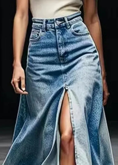 Blue Pockets Side Open Denim Maxi Skirts Summer