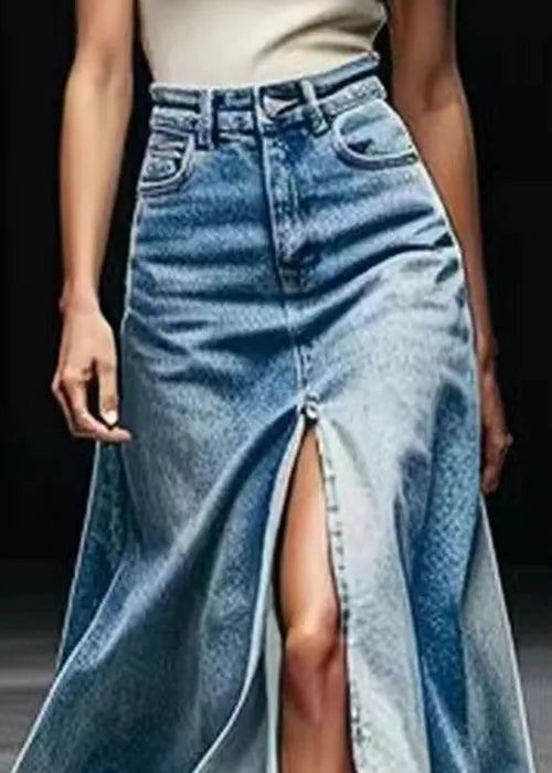 Blue Pockets Side Open Denim Maxi Skirts Summer