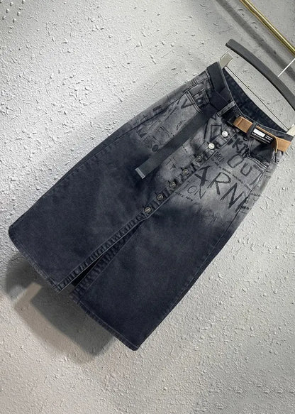 Italian Black Graphic Pockets Front Open Patchwork Denim Skirts Fall