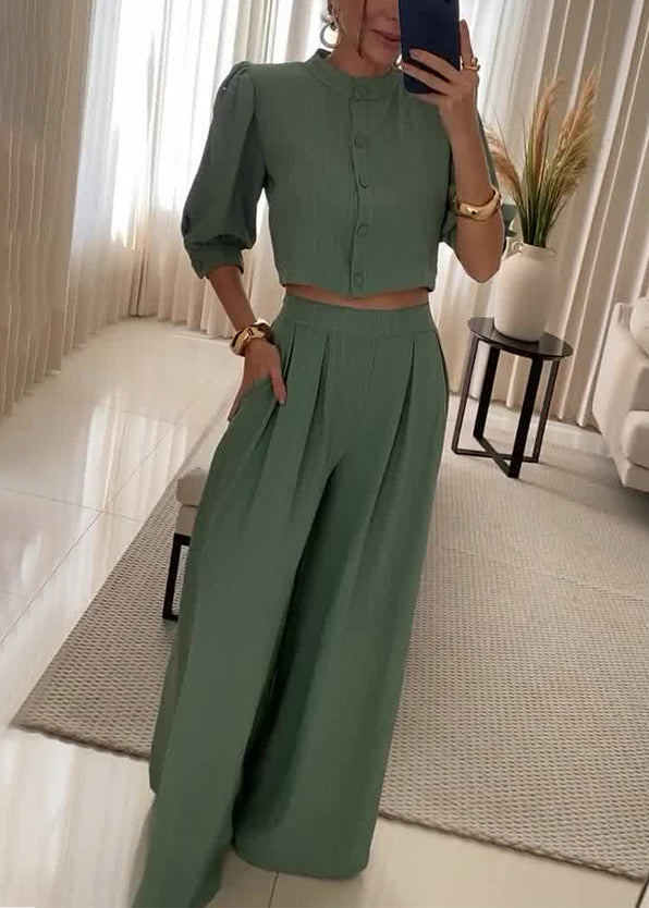 Army Green Button Pockets Cotton Two Piece Set Half Sleeve