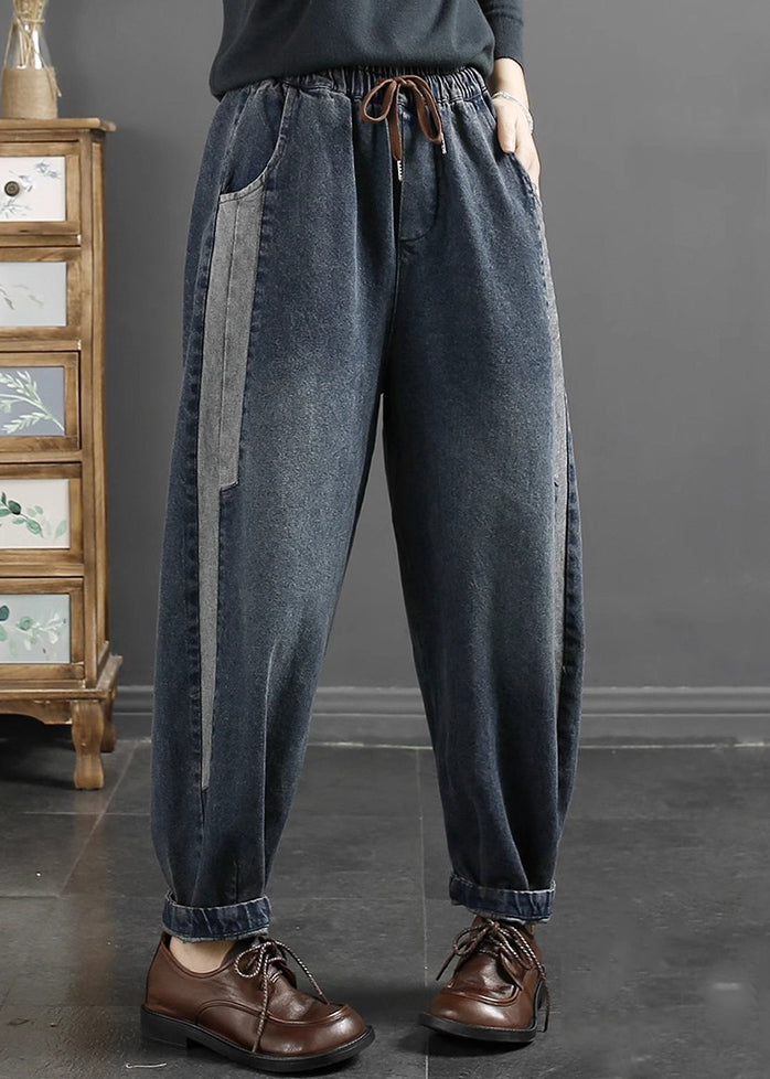 Blue Pockets Lace Up Elastic Waist Jeans Fall